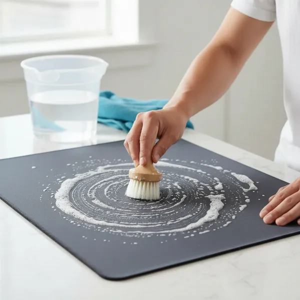 A person gently scrubbing a large, dark-colored cloth mouse pad laid flat on a surface with a soft brush and soapy water. A bucket of water and a clean towel are nearby. Bright, clean environment, realistic style.