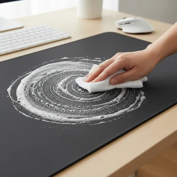 A hand wiping a large mouse pad with a damp cloth, showing bubbles and a clean section, illustrating the cleaning process.