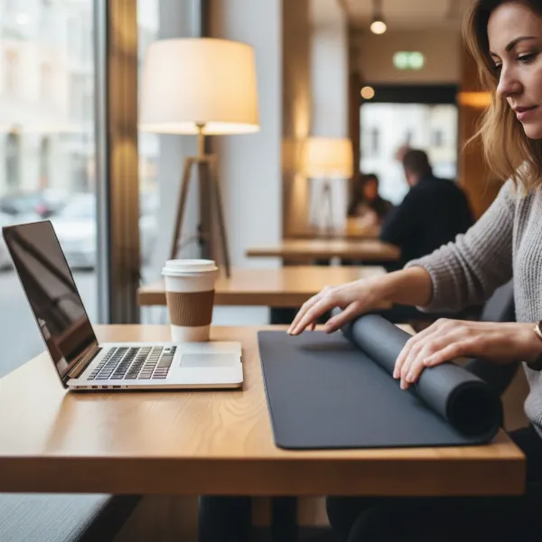 A traveling freelancer setting up a mobile office with a large, rollable mouse pad on a cafe table, laptop open, coffee nearby, demonstrating portability and functionality.