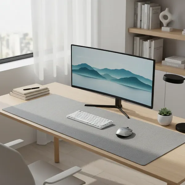 A modern home office desk featuring a large, minimalist mouse pad under a monitor, keyboard, and mouse, emphasizing organization and ample workspace.
