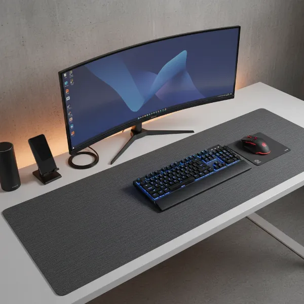 A large gaming mat covering a spacious desk with a keyboard, mouse, and monitor, illustrating ample space for movement and a unified aesthetic.
