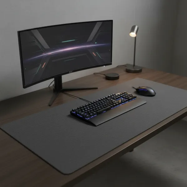 A large mouse pad unifying a gaming and work desk setup, featuring a keyboard, mouse, and other peripherals resting on its smooth surface, seen from a high angle with soft, ambient lighting, realistic style.
