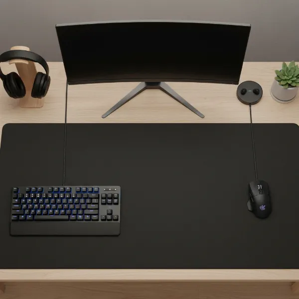 A large mouse pad covering a desk with a gaming keyboard and mouse, emphasizing vast space for movement.