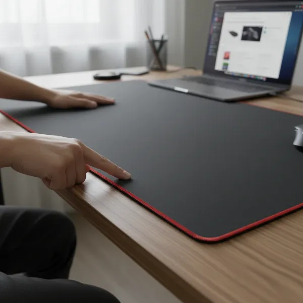 Hands pointing to different features on a large mouse pad, illustrating the buying process.