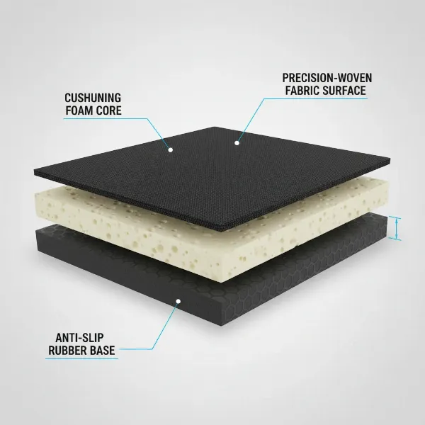 A cross-section diagram of a large mouse pad, showing distinct layers: a rubber anti-slip base, a foam core, and a top fabric surface, highlighting material composition.