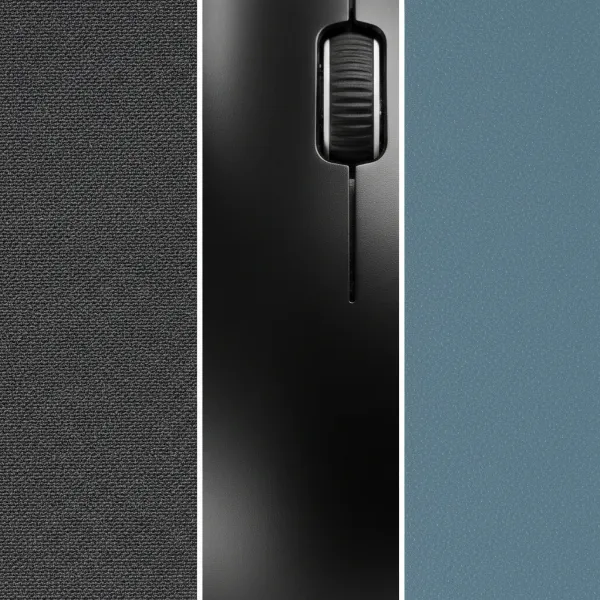 Three close-up sections of different mouse pad surfaces: a soft, textured cloth; a smooth, reflective hard plastic; and a subtly textured hybrid surface, illustrating their distinct textures.