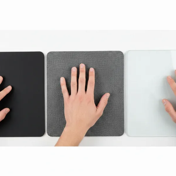 A comparative visual showcasing different mouse pad surface materials: close-ups of a smooth fabric, textured hybrid, and shiny glass surface, each with a hand gently touching it to illustrate texture. Studio lighting, clean, product photography style.
